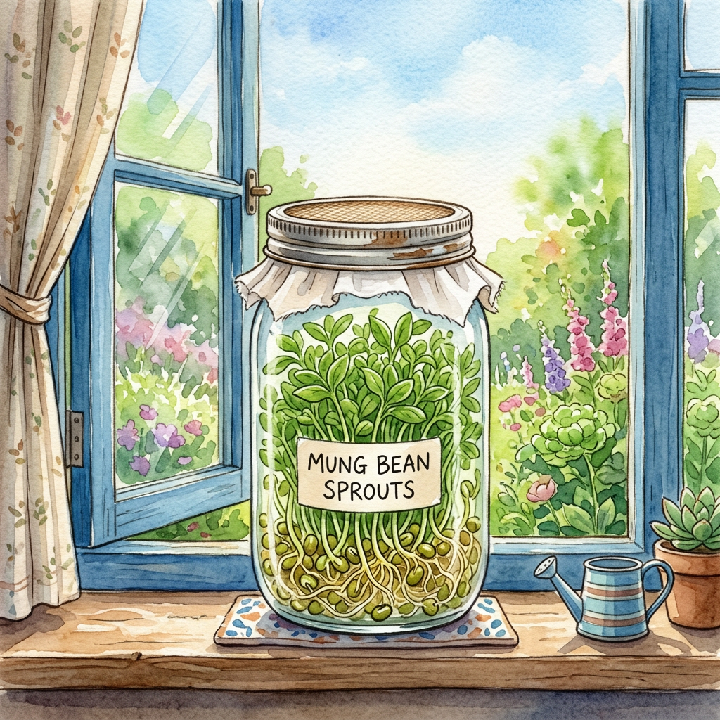 Jar labeled MUNG BEAN SPROUTS on a sunny windowsill