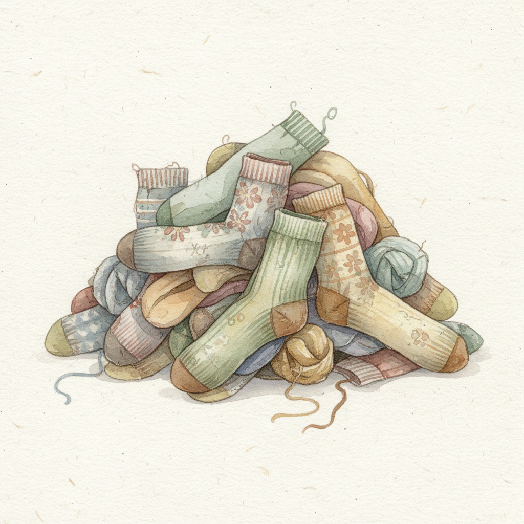 A charming watercolor illustration of a messy pile of old, mismatched socks in various faded colors, visibly worn and slightly threadbare, arranged on a simple light paper background. Soft translucent watercolor washes, gentle uneven brush edges, subtle paper texture, cozy handmade editorial illustration, no text, no people.